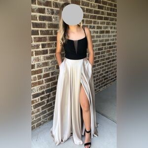 Two-Tone Satin Gown with Black Bodice and Champagne Skirt
